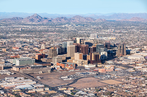Downtown Phoenix Aerial View from airplane or helicopter