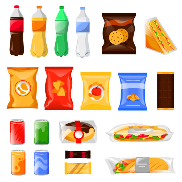 Snack and fast food products set. Cartoon meal and drinks vector illustration, isolated on white background. Snack and fast food products set. Cartoon meal and drinks vector illustration, isolated on white background. Beverage bottles, sandwich package and cookie packets, icons and design elements. snack stock illustrations