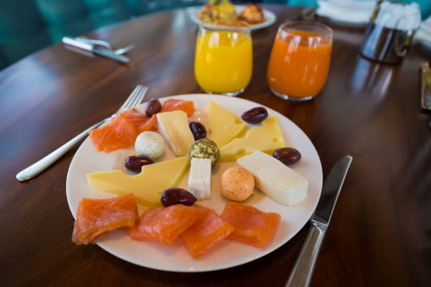 istock UAE. Breakfast, cheese, salmon, orange and carrot juice 1153271068