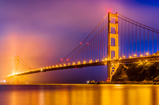 The Golden Gate Bridge and Lime Point in San Francisco California at dusk in fog