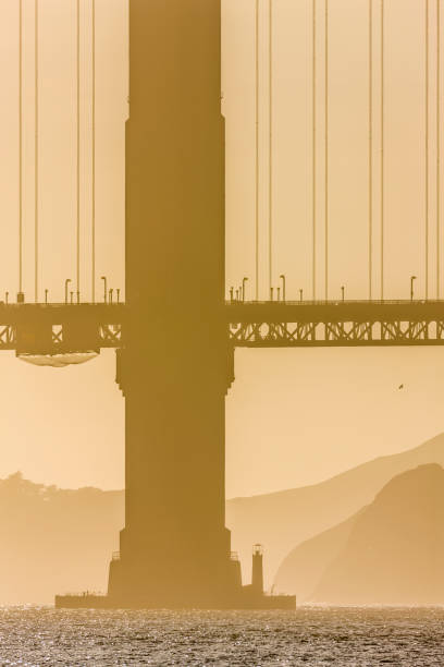 The Golden Gate Bridge in San Francisco California in late afternoon golden light seen from the Embarcadero