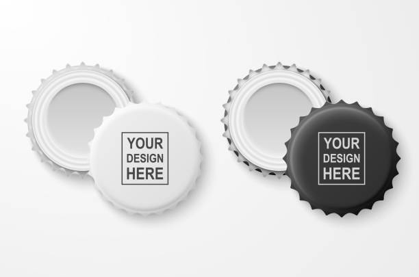 Vector 3d Realistic Black and White Blank Beer Bottle Cap Set Closeup Isolated on White Background. Design Template for Mock up, Package, Advertising. Top and Bottom View Vector 3d Realistic Black and White Blank Beer Bottle Cap Set Closeup Isolated on White Background. Design Template for Mock up, Package, Advertising. Top and Bottom View. aluminum sign mockup stock illustrations