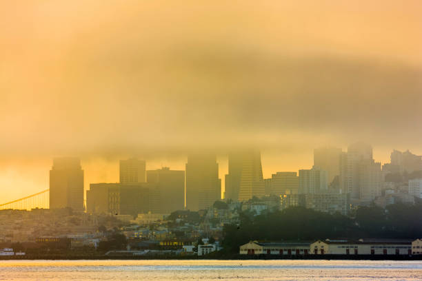 San Francisco city skyline seen from the Marin Headlands in California during a foggy morning