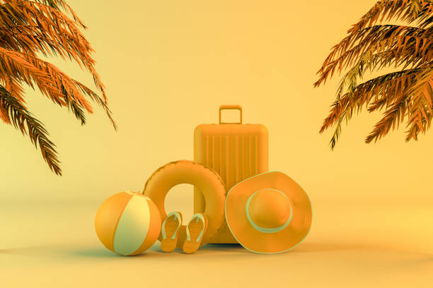 istock Tropical palm tree and suitcase, minimal summer and travel concept 1153273151