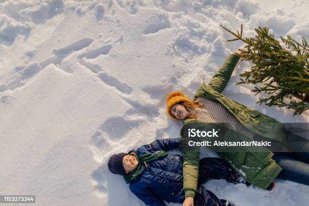 Christmas Tree For My Little Family Stock Photo - Download Image Now - Snow Angel, Child, Christmas