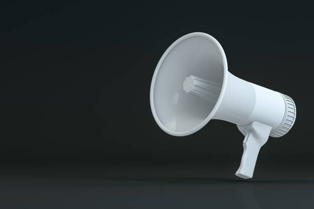 Megaphone 3d rendering of megaphone on black color background. Advertisement, announcement message. classified ad audio stock pictures, royalty-free photos & images