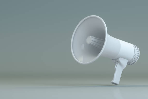 Megaphone 3d rendering of megaphone on gray color background. Advertisement, announcement message. classified ad audio stock pictures, royalty-free photos & images