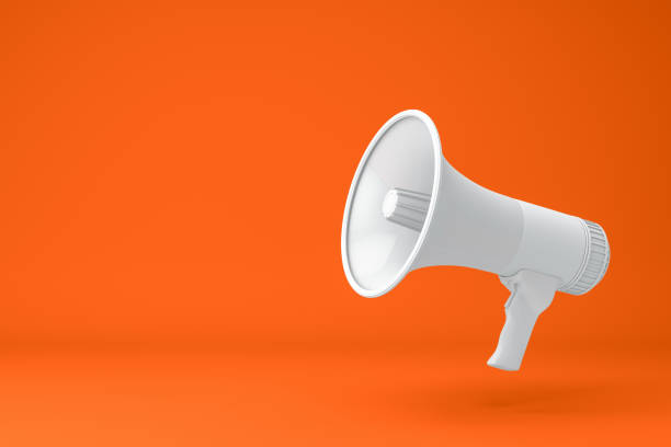 Megaphone 3d rendering of megaphone on orange color background. Advertisement, announcement message. classified ad audio stock pictures, royalty-free photos & images