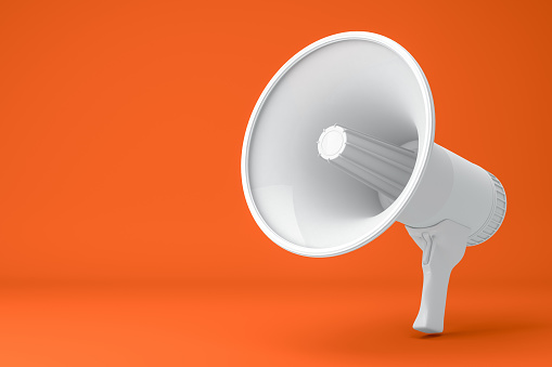 3d rendering of megaphone on orange color background. Advertisement, announcement message.