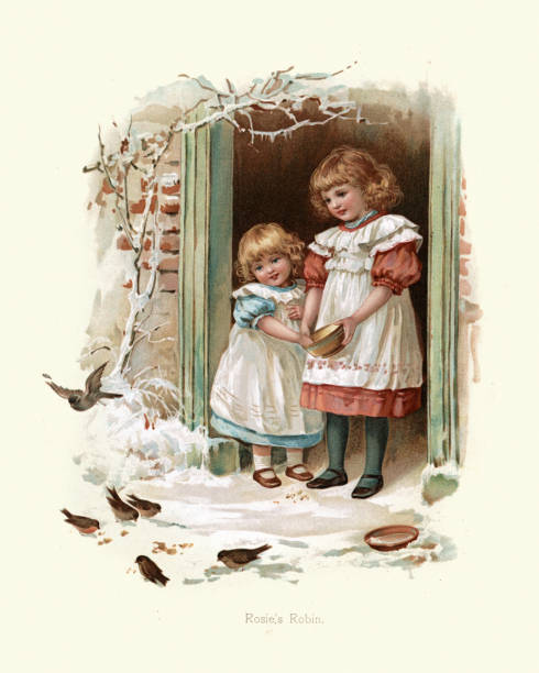 ilustrações, clipart, desenhos animados e ícones de meninas que alimentam os pássaros no inverno, robin de rosie, victorian - bird feeder illustrations