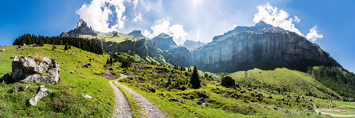 Hiking trail from Kandertal, Blausee Mitholz, to Kiental, Giesene, Breitwangflue, Gehrihorn, Bernese Oberland, Switzerland