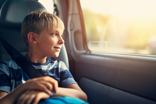 Happy little boy sitting in car child seat. The boy is looking through the window on sunny day.
Nikon D810