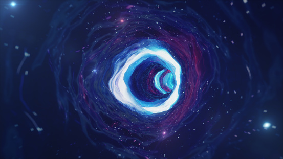 3D illustration tunnel or wormhole, tunnel that can connect one universe with another. Abstract speed tunnel warp in space, wormhole or black hole, scene of overcoming the temporary space in cosmos