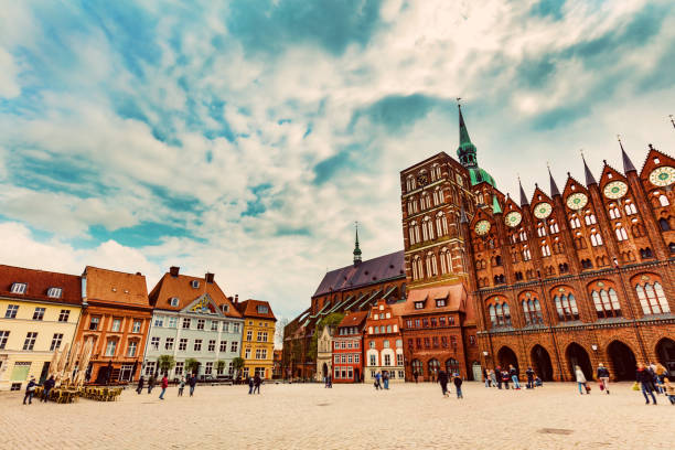Old market square of Stralsund, Germany. Old Hanseatic city. Vintage tone