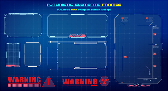 HUD UI GUI futuristic user interface screen elements set. High tech screen for video game. Sci-fi concept design. Square Frames Blocks Set HUD Interface Elements.