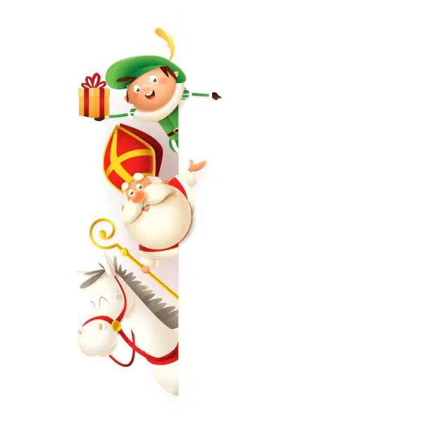 Vector illustration of Saint Nicholas horse Amerigo and helper Piet on left side of board - happy cute characters celebrate holidays - vector illustration isolated on white