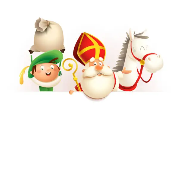 Vector illustration of Saint Nicholas or Sinterklaas horse and helper Zwarte Piet on board - happy cute characters celebrate Dutch holiday - vector illustration isolated on white