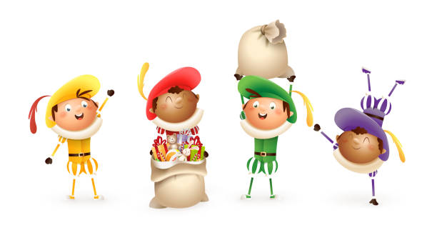 saint nicholas oder sinterklaas helfer-fröhlich niedlich bunte holländische traditionsfiguren-zwarte piet vektorillustration isoliert auf weiß - heiliger stock-grafiken, -clipart, -cartoons und -symbole