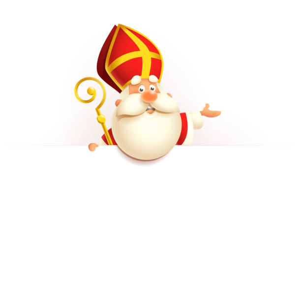 Saint Nicholas or Sinterklaas on board - happy cute character vector illustration isolated on white Saint Nicholas or Sinterklaas on board - happy cute character vector illustration isolated on white bishop clergy stock illustrations