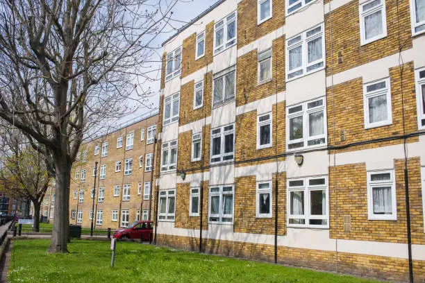 Photo of Council houses apartment blocks estate in Hackney East London, UK.