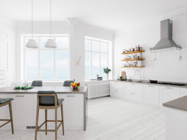 scandinavian design minimalist kitchen interni - white interior foto e immagini stock