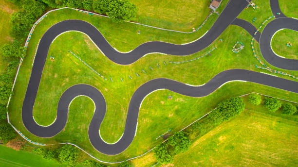 Abandoned Go-Cart track - aerial view Abandoned Go-Cart track - aerial view motor racing track photos stock pictures, royalty-free photos & images