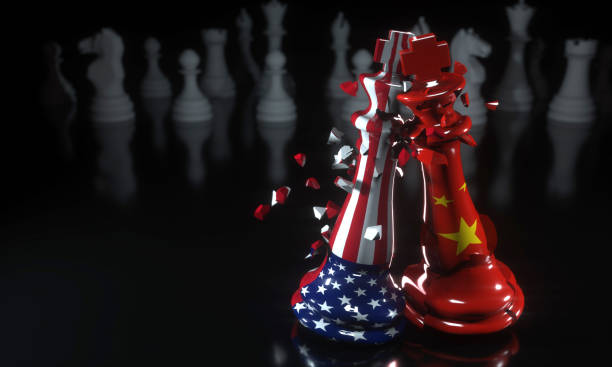 USA China Trade Conflict Trade War, Business War, US China, Chess, Game, Shatter, Broken china digital flag stock pictures, royalty-free photos & images