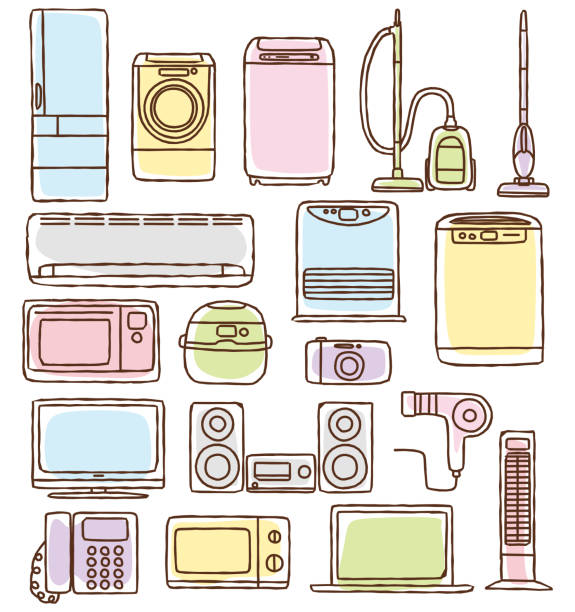 illustrations, cliparts, dessins animés et icônes de icône des appareils ménagers dessinés à la main. - four objects audio