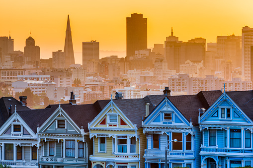 The painted ladies houses in San Francisco California at sunrise