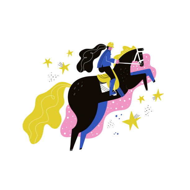 Horseback riding flat hand drawn vector illustration Horseback riding flat hand drawn vector illustration. Horse girl rider cartoon character. Equestrian sport. Steeplechase. Horse jumping, rearing. Scandinavian style drawing. Isolated clipart clip art of how to draw a train stock illustrations