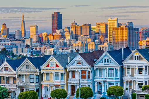 The painted ladies houses in San Francisco California at sunset