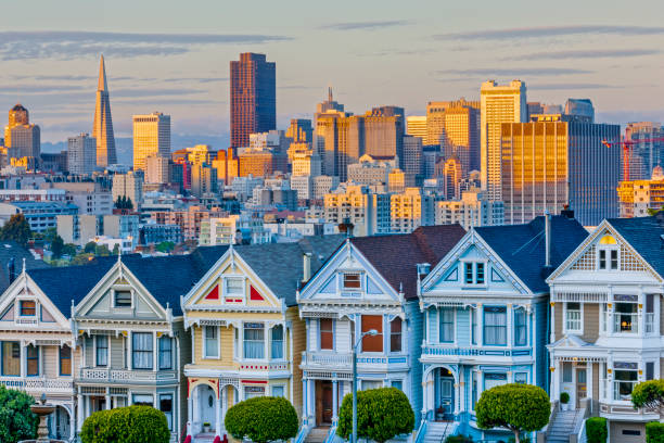 San Francisco Bay area in California The painted ladies houses in San Francisco California at sunset san francisco california stock pictures, royalty-free photos & images