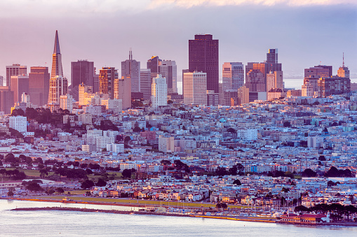 San Francisco city skyline seen from the Marin Headlands in California