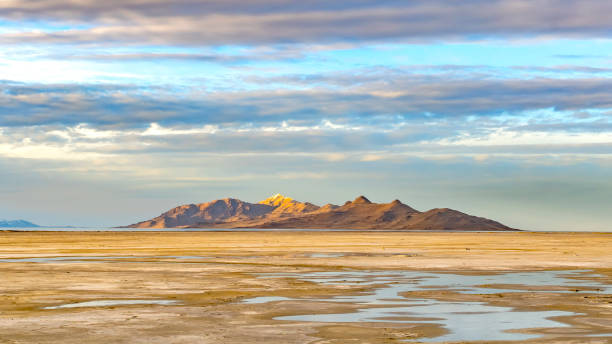 istock Panorama frame Panorama of a sandy lake shore under a blue sky filled with puffy clouds 1153313536