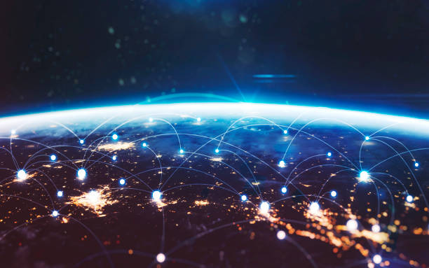 istock Data exchange and global network over the world. Earth at night, city lights from orbit. Elements of this image furnished by NASA 1153317295
