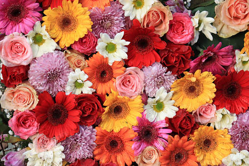 Mixed flower arrangement for a wedding: roses and gerberas in pink, yellow and red