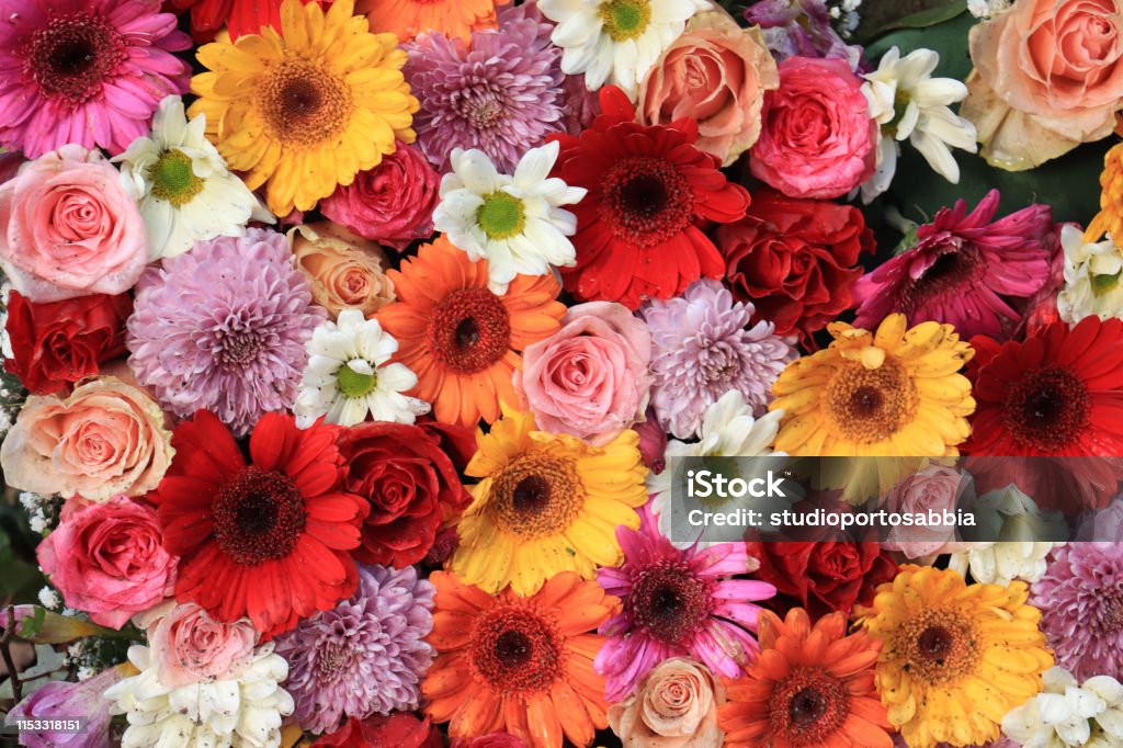 Colorful wedding flower arrangement Mixed flower arrangement for a wedding: roses and gerberas in pink, yellow and red Flower Stock Photo