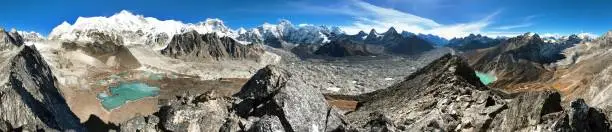 Beautiful panoramic view of Mount Cho Oyu and Cho Oyu base camp, mountain lakes, Everest, Lhotse, Gyachung Kang, Ngozumba and Gyazumba glaciers - Sagarmatha national park, Khumbu valley, Nepal