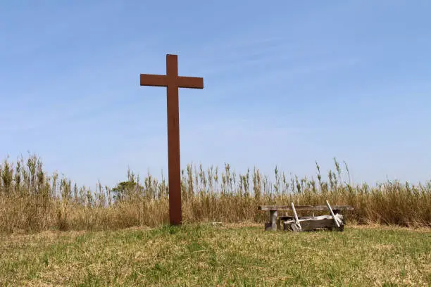 Bench and stations of the cross in the complex of Trappist Monastery in Japan. Taken in Oita, April 2018.