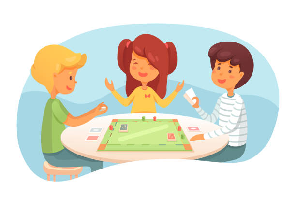 Children playing board game vector illustration Children playing board game vector illustration. Cute kids, friends, siblings enjoy indoor activity. Training business skills using Monopoly. Boy throwing dice cartoon character. Player holding cards family playing card game stock illustrations