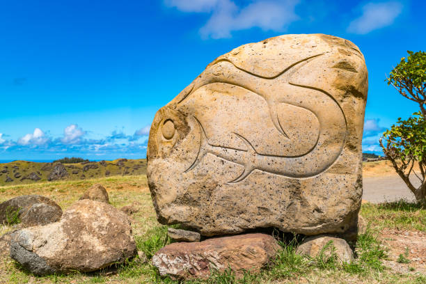 Petroglyph at Orongo near Rano Kau Volcano on Easter Island or Rapa Nui in Chile