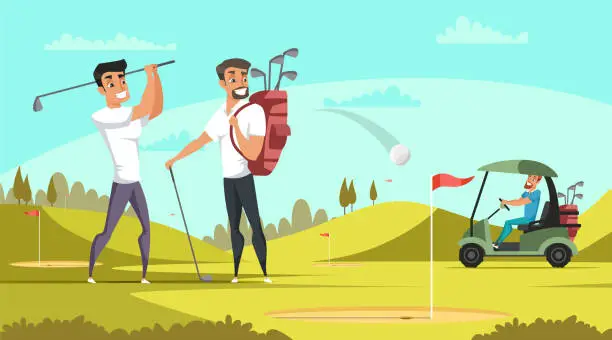 Vector illustration of Young sporty men playing golf flat illustration