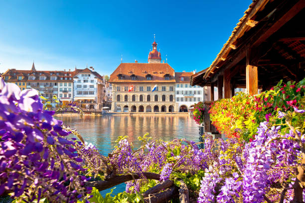 istock Luzern Chapel Bridge and waterfront landmarks view 1153340171