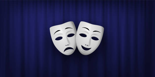 illustrazioni stock, clip art, cartoni animati e icone di tendenza di maschera teatrale comedy and tragedy isolata su sfondo tenda blu. illustrazione vettoriale. - maschera da tragedia