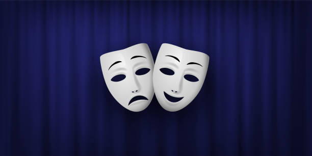 комедийная и трагедийная театральная маска изолирована на фоне синего занавеса. векторная иллюстрация. - театральная маска stock illustrations