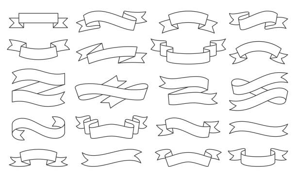 ilustraciones, imágenes clip art, dibujos animados e iconos de stock de ribbon simple línea delgada negro iconos vector conjunto - line art scroll shape design element scroll