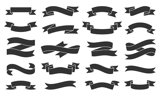 Ribbon silhouette icons set. Web sign kit of text banner. Decorative Tape pictograms of gift decoration, creative modern decor. Simple paper tag black symbol isolated on white. Vector Icon shape