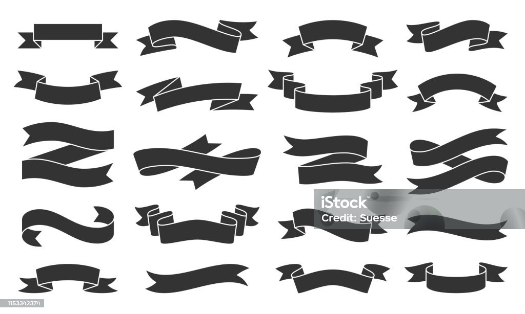Paper Ribbon black silhouette icons vector set Ribbon silhouette icons set. Web sign kit of text banner. Decorative Tape pictograms of gift decoration, creative modern decor. Simple paper tag black symbol isolated on white. Vector Icon shape Ribbon - Sewing Item stock vector