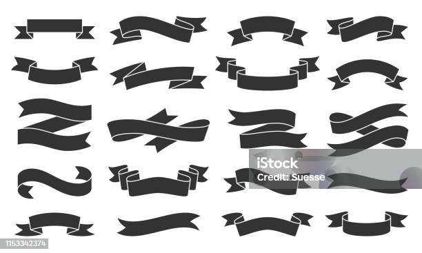 Paper Ribbon Black Silhouette Icons Vector Set Stock Illustration - Download Image Now - Ribbon - Sewing Item, Web Banner, Banner - Sign