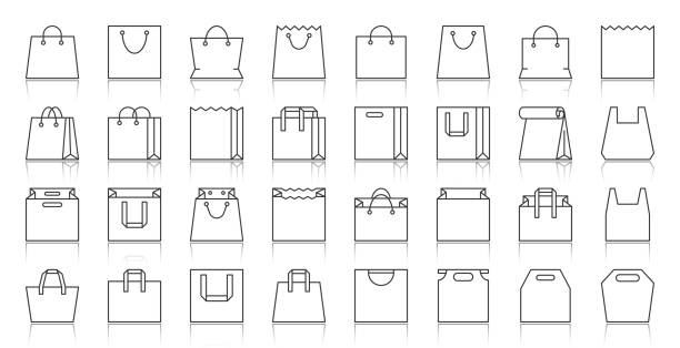 Shopping Bag simple black line icons vector set Shopping Bag thin line icons set. Outline sign package kit. Sale linear icon collection plastic handbag, present, handle. Simple paper packet black contour symbol with reflection vector Illustration bag stock illustrations
